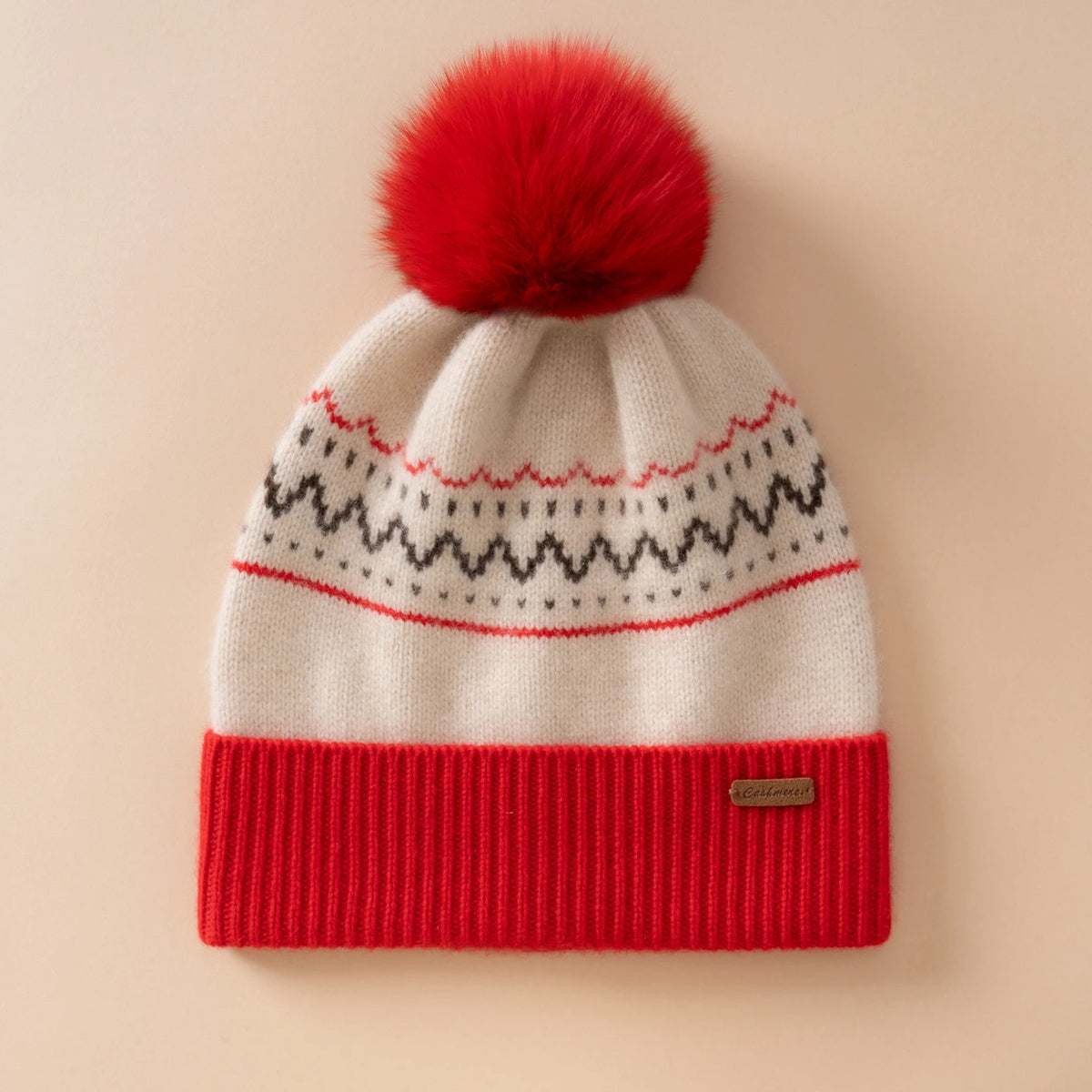 Bonnet Jacquard Nordique en Cachemire à Pompon Fourrure