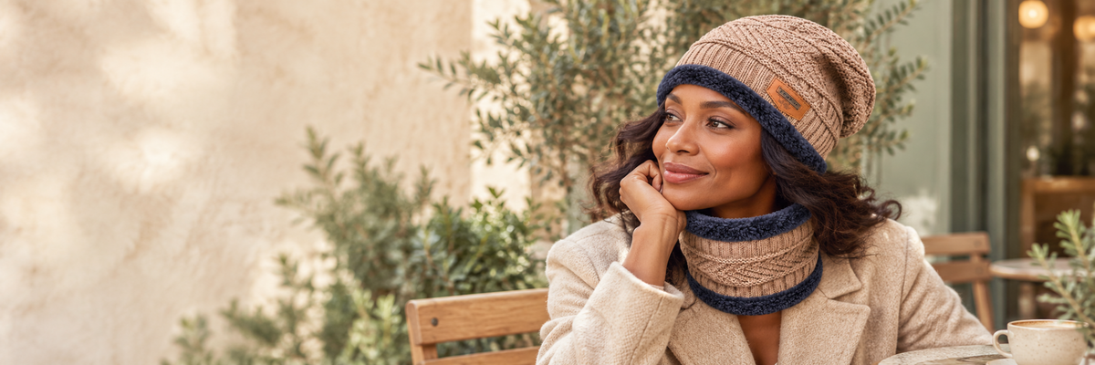 Femme portant un ensemble bonnet et tour de cou beige