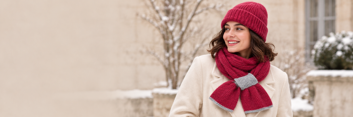 Ensemble bonnet et écharpe femme bordeaux en maille peluche