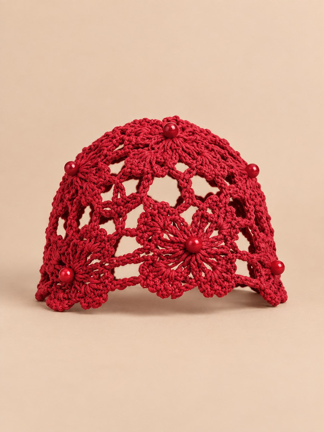 Bonnet au crochet ajouré à perles pour femme, coloris Rouge, vue de face