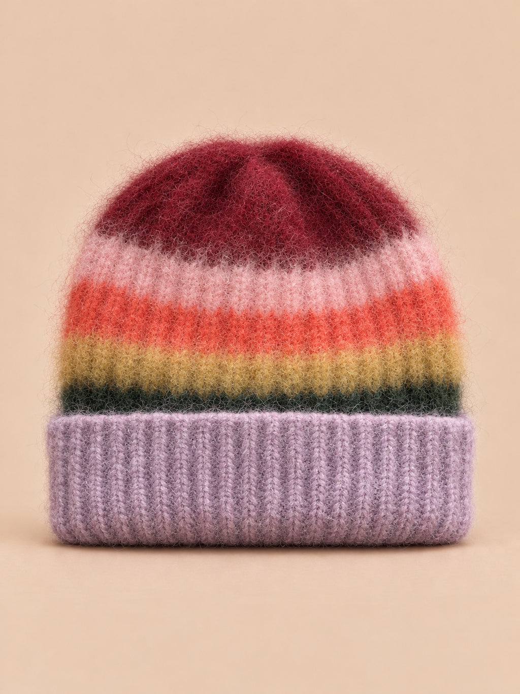 Bonnet à rayures arc-en-ciel violet, vue de face.