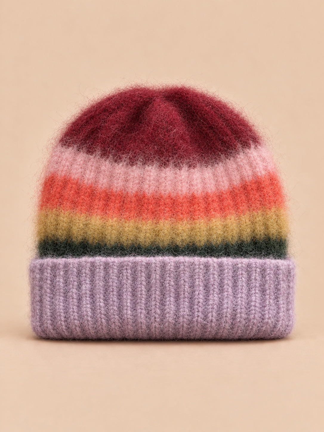 Bonnet à rayures arc-en-ciel violet, vue de face.