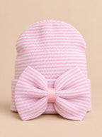 Bonnet bébé naissance en coton rose et blanc, rayures et gros nœud, vue de face