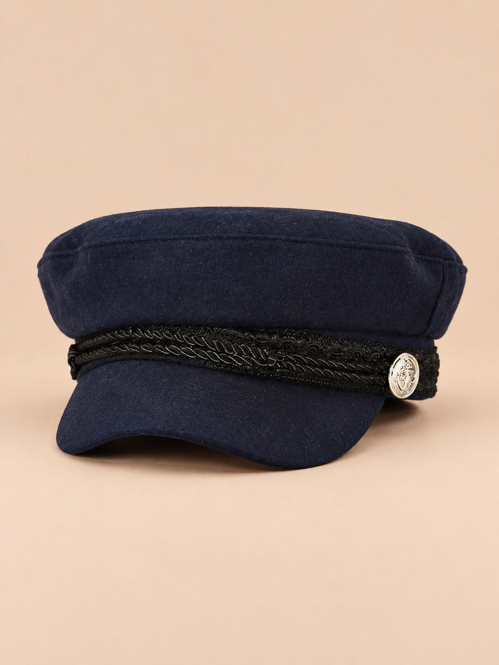 Gorra marinera de ocho paneles, estilo capitán, color azul marino, vista frontal