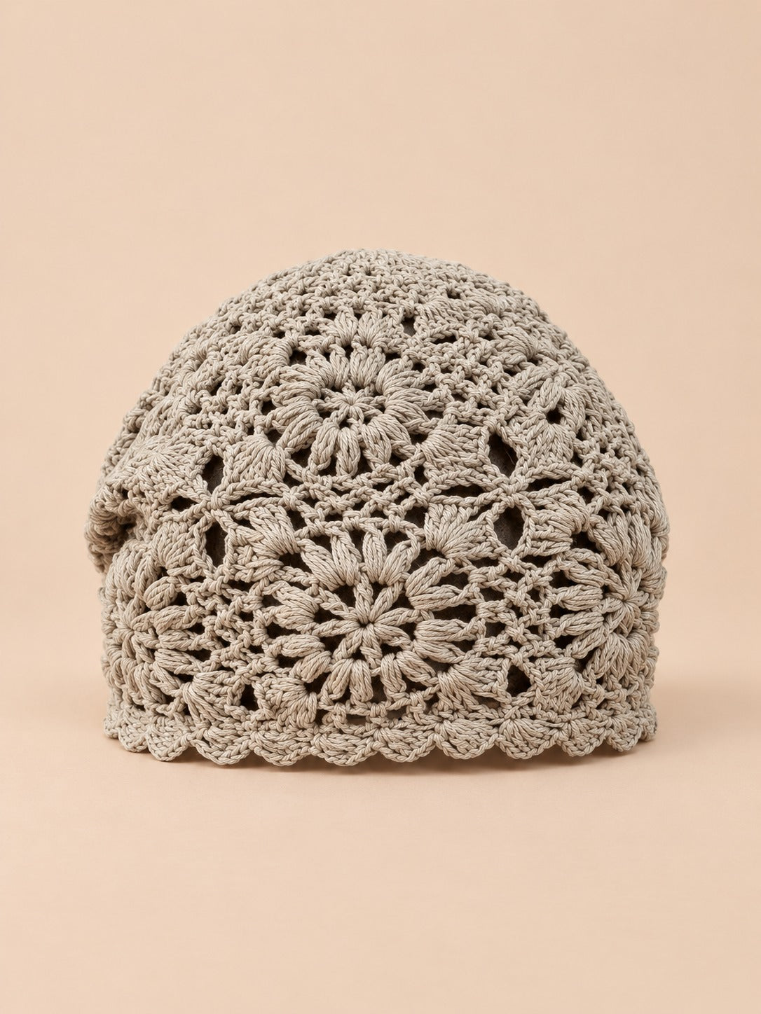 Béret femme à fleurs au crochet, kaki, vue de face