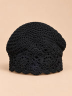 Béret femme à fleurs au crochet, noir, vue de face