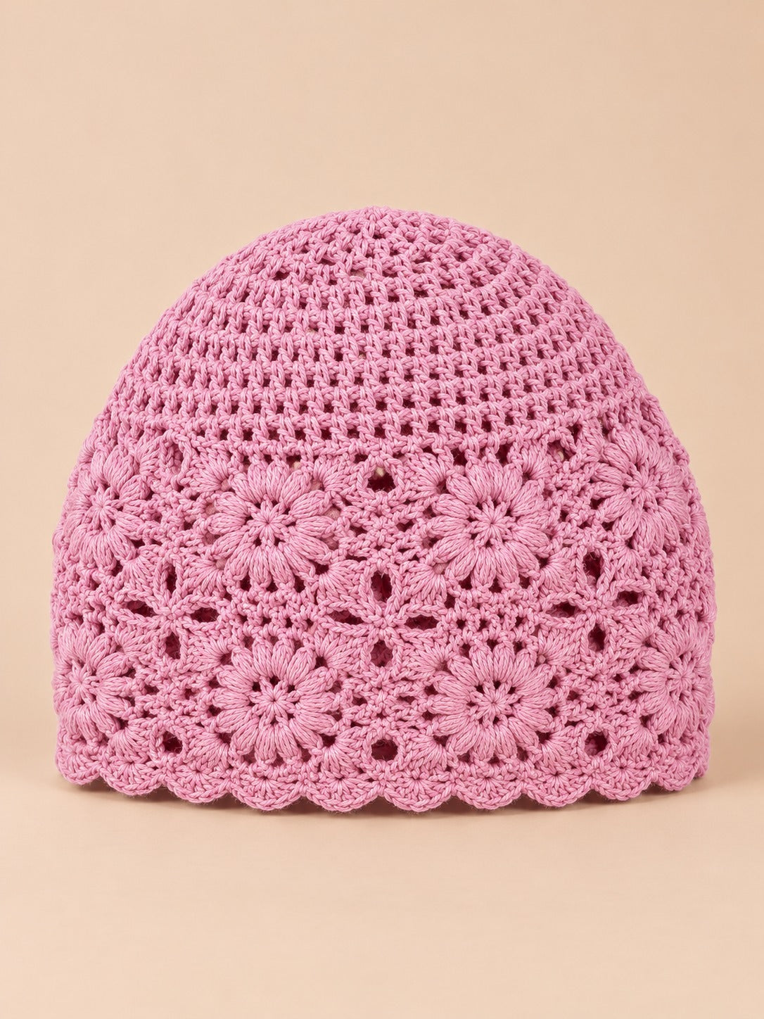 Béret femme à fleurs au crochet, rose, vue de face