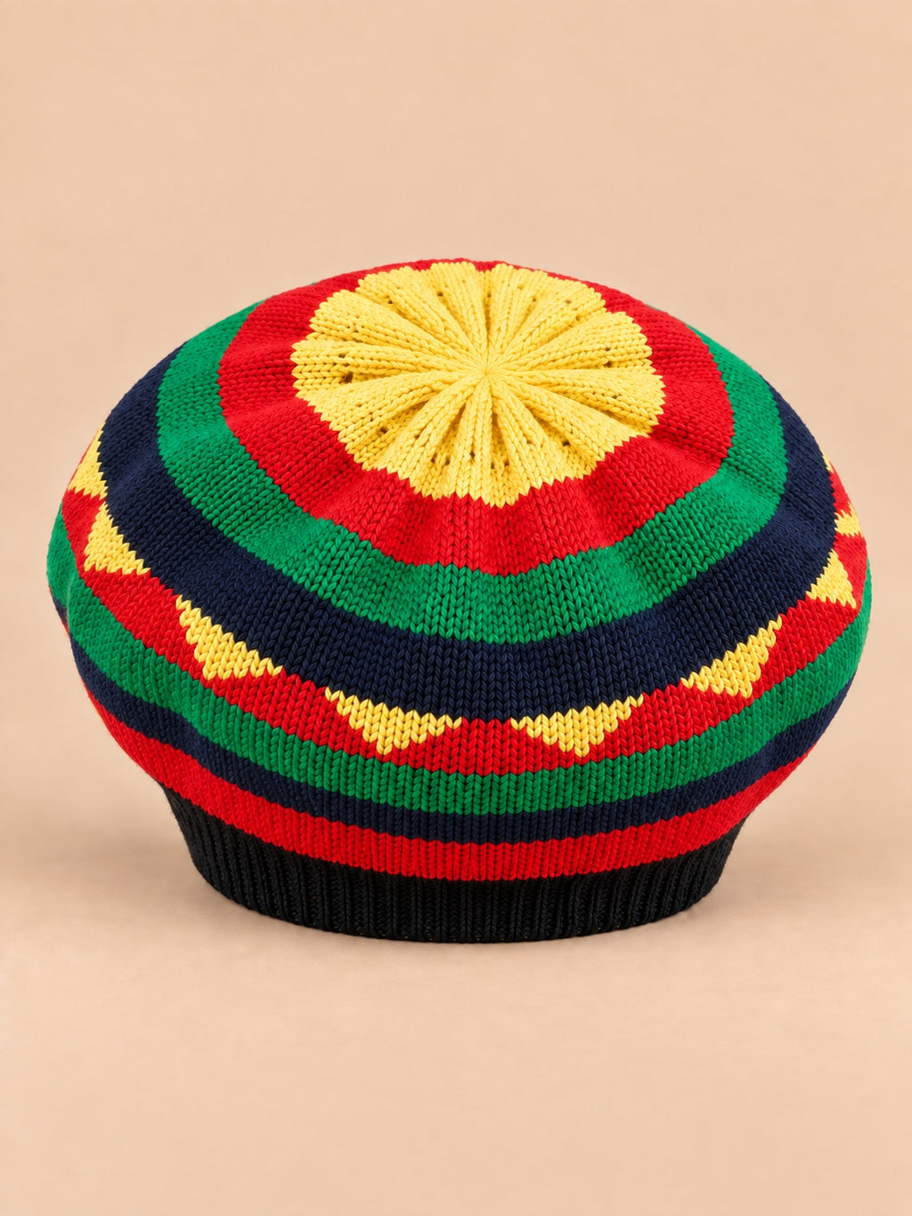 Boina rasta de punto con estampado multicolor, colores multicolor y amarillo, vista frontal