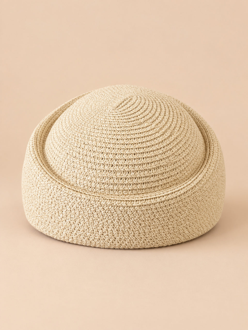 Boina retro de ganchillo con copa calada, estilo fedora, modelo 3, color beige, vista frontal