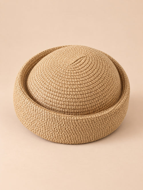 Boina retro de ganchillo con copa calada, estilo fedora, modelo 3, color caqui, vista de tres cuartos