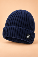 Gorro grueso de mezcla de lana con forro polar, color azul, vista de tres cuartos
