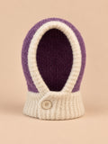 Pasamontañas de mujer con bufanda integrada, estilo patchwork Y2K, violeta y blanco natural, vista frontal