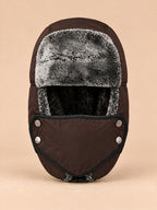 Gorro aviador con máscara cortavientos para invierno, color marrón, vista frontal