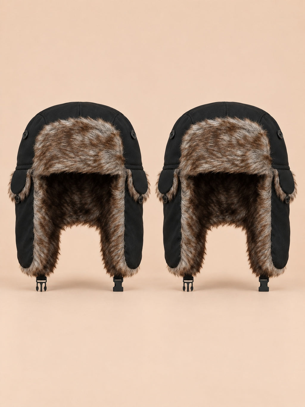 Gorro de trampero de hombre con forro de pelo sintético, pack de 2, color negro, vista frontal
