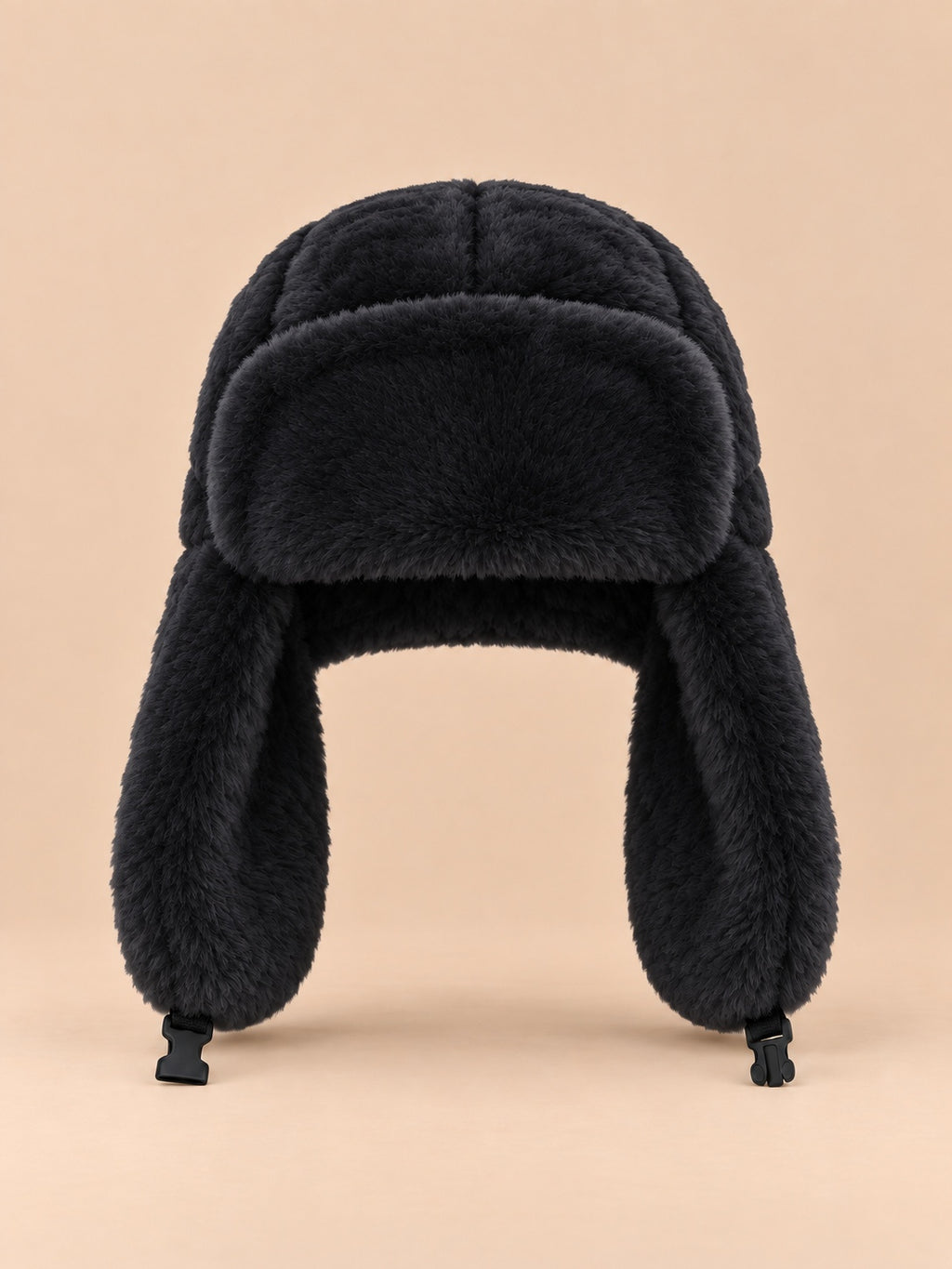 Gorro de trampero de mujer de pelo sintético con cordón, color negro, vista frontal