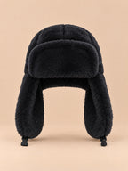 Gorro de trampero de mujer de pelo sintético con cordón, color negro, vista frontal