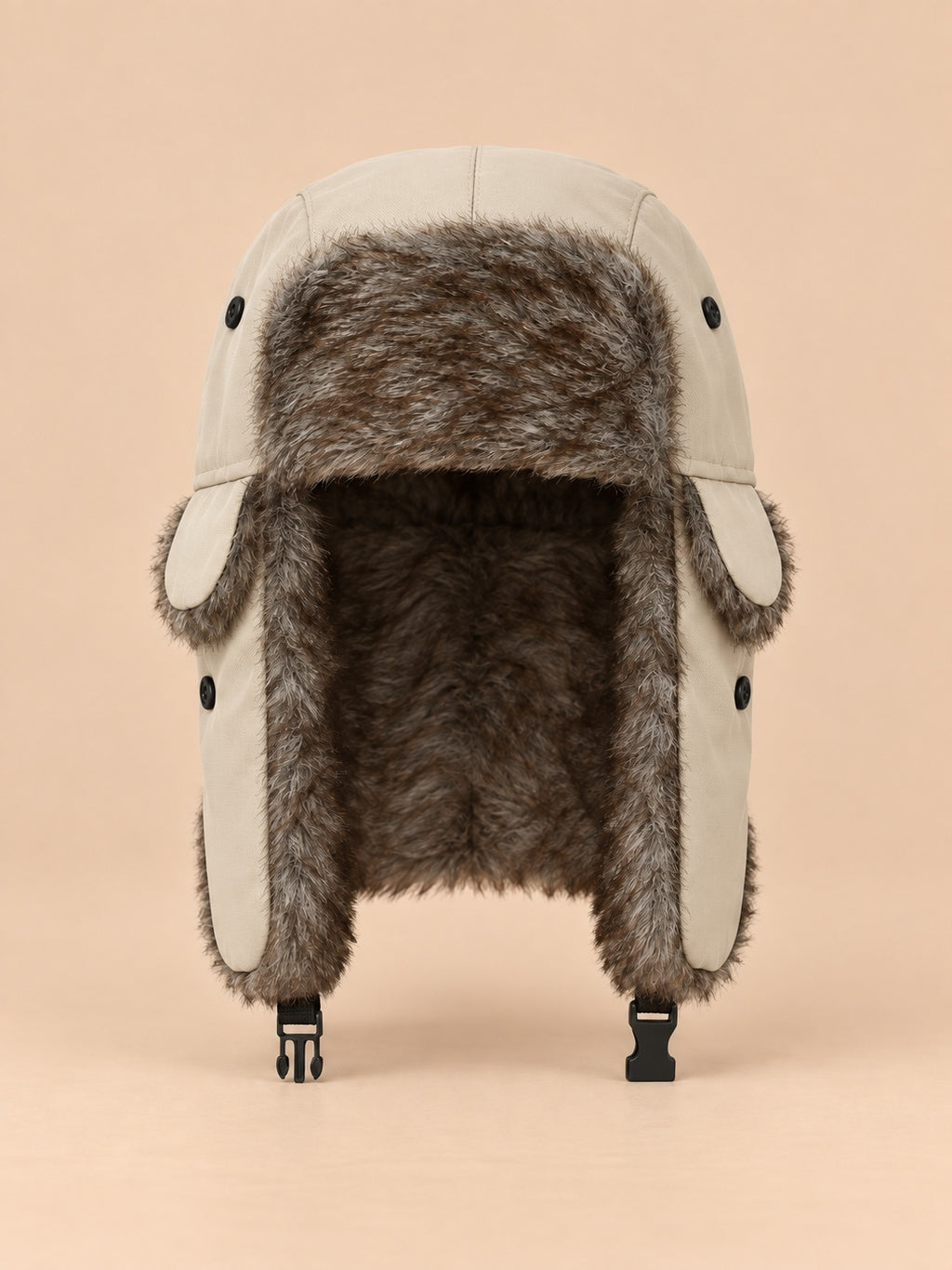Gorro de trampero de hombre con orejeras y barboquejo, color beige, vista frontal