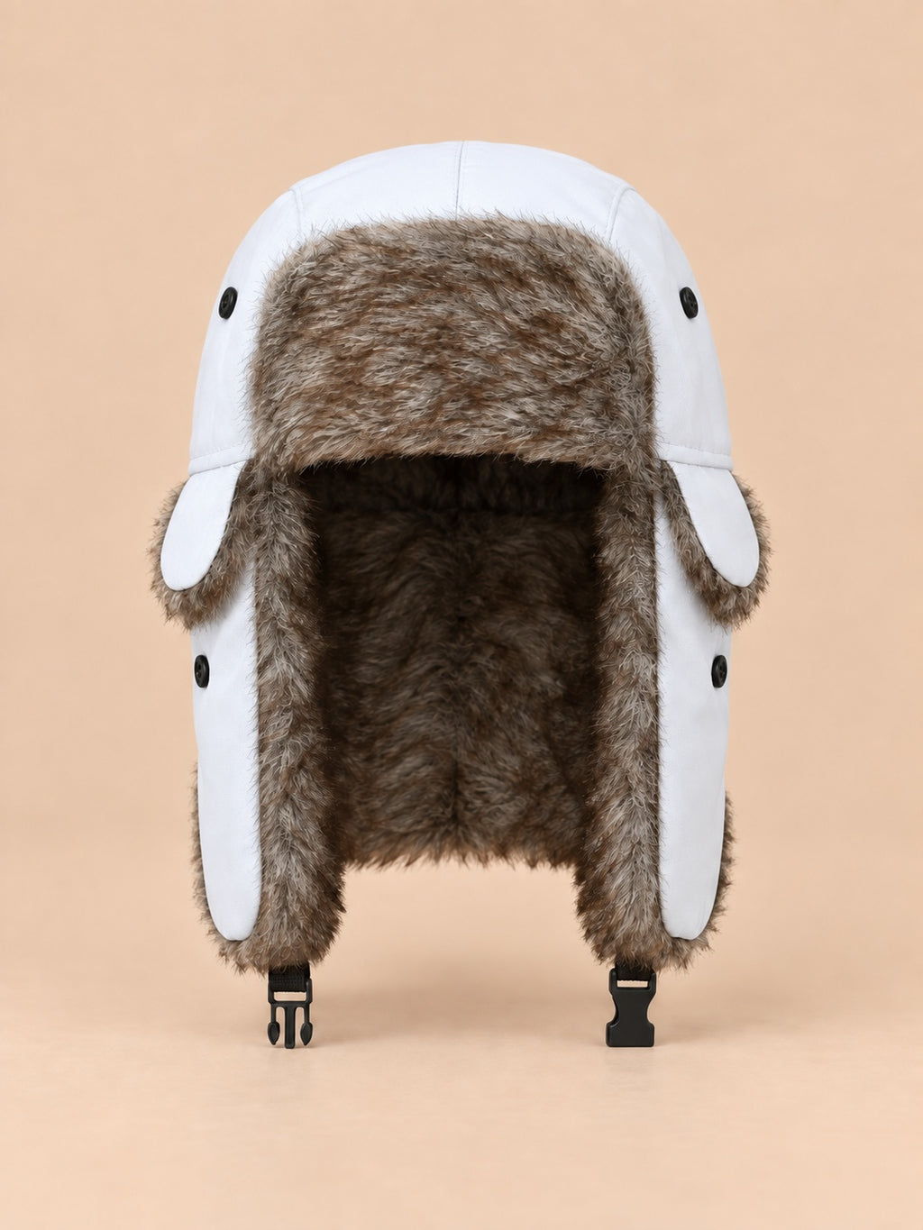 Gorro de trampero de hombre con orejeras y barboquejo, color blanco, vista frontal