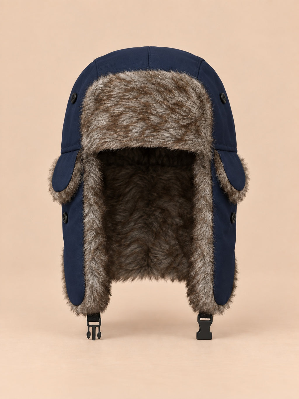 Gorro de trampero de hombre con orejeras y barboquejo, color azul marino, vista frontal