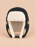 Gorro aviador de pana gruesa de algodón con orejeras, color negro, vista frontal