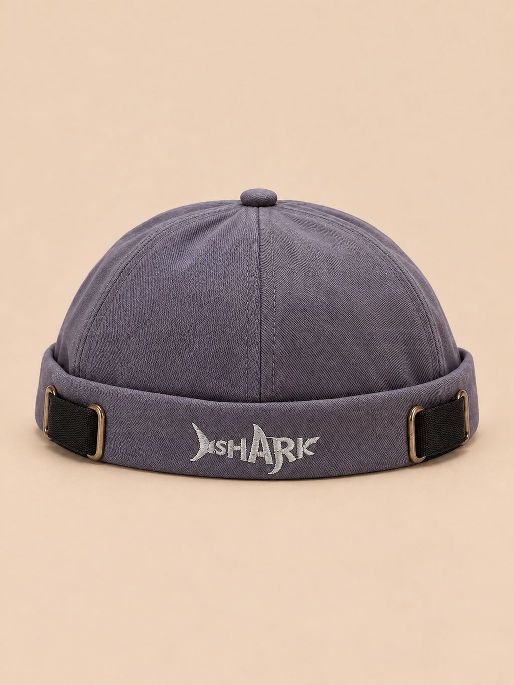 Bonnet docker Bocca bleu gris en coton, broderie SHARK et boucles réglables, vue de face.