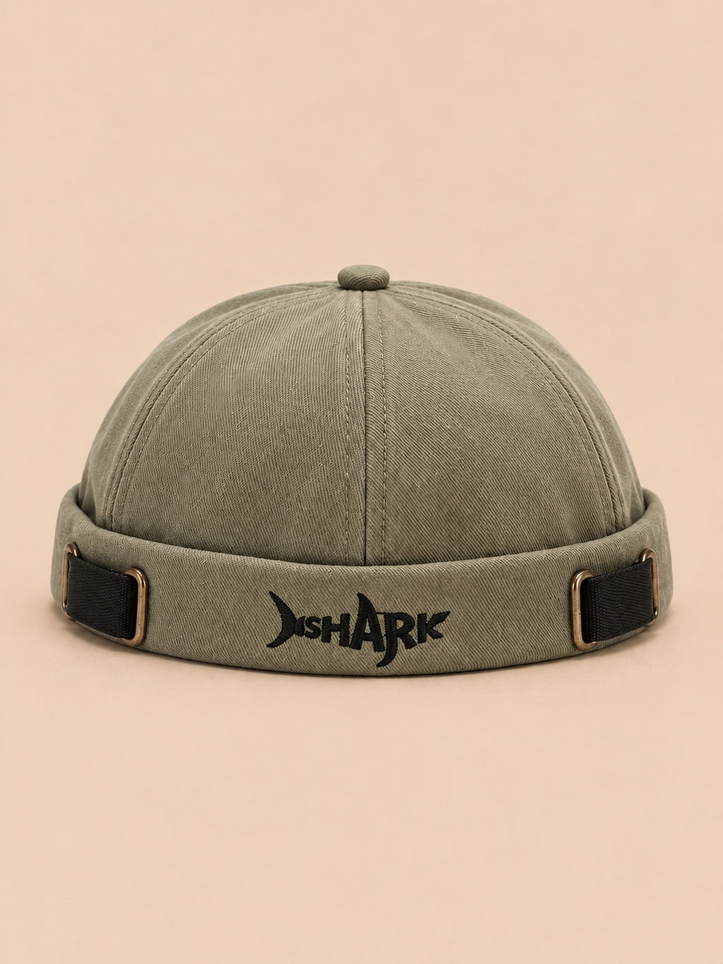 Bonnet docker Bocca vert en coton, broderie SHARK et boucles réglables, vue de face.