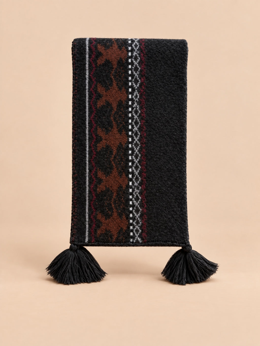 Bufanda jacquard Fair Isle de mezcla de lana con flecos, modelo 25049 1, vista frontal
