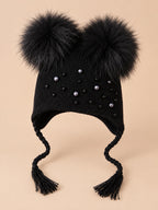 Gorro infantil con doble pompón de pelo de mapache, pompones a juego, color negro, vista frontal
