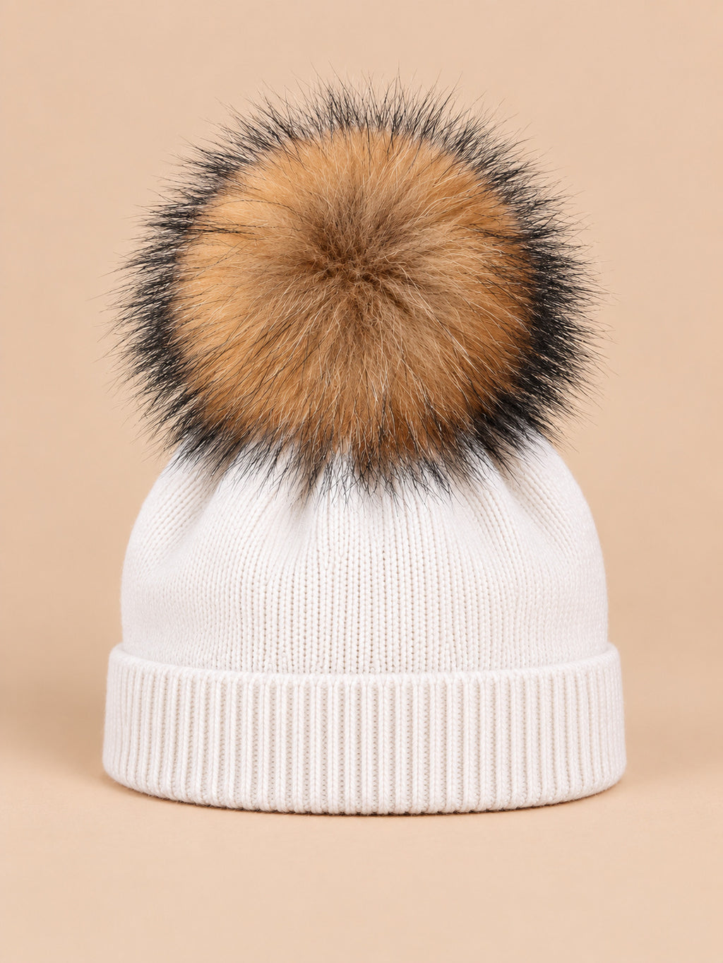 Gorro infantil en mezcla de lana con pompón de pelo, pompones de color natural, color blanco, vista frontal
