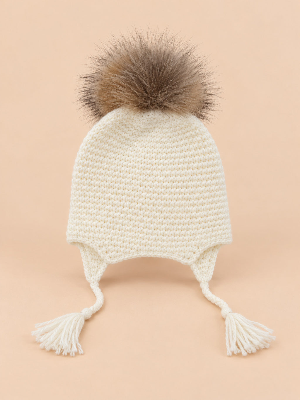 Conjunto infantil de gorro y bufanda con pompón de pelo, color blanco, vista frontal