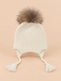 Conjunto infantil de gorro y bufanda con pompón de pelo, color blanco, vista frontal