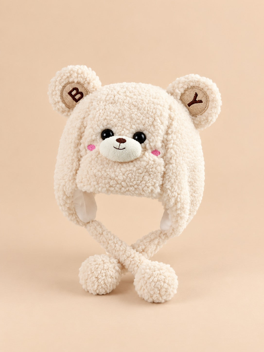 Bonnet enfant au tricot ou crochet, modèle Beige 3, vue de face