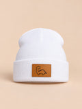 Gorro infantil con vuelta y parche de dinosaurio, modelo blanco 1, color blanco, vista frontal