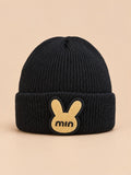 Gorro infantil con vuelta y parche de conejo, modelo negro 2, color negro, vista frontal