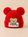 Gorro infantil con osito y dos pompones, modelo rojo 1, color rojo, vista frontal