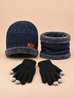 Ensemble bonnet tour de cou et gants coupe-vent bleu marine, vue de face.