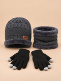 Ensemble bonnet tour de cou et gants coupe-vent gris, vue de face.