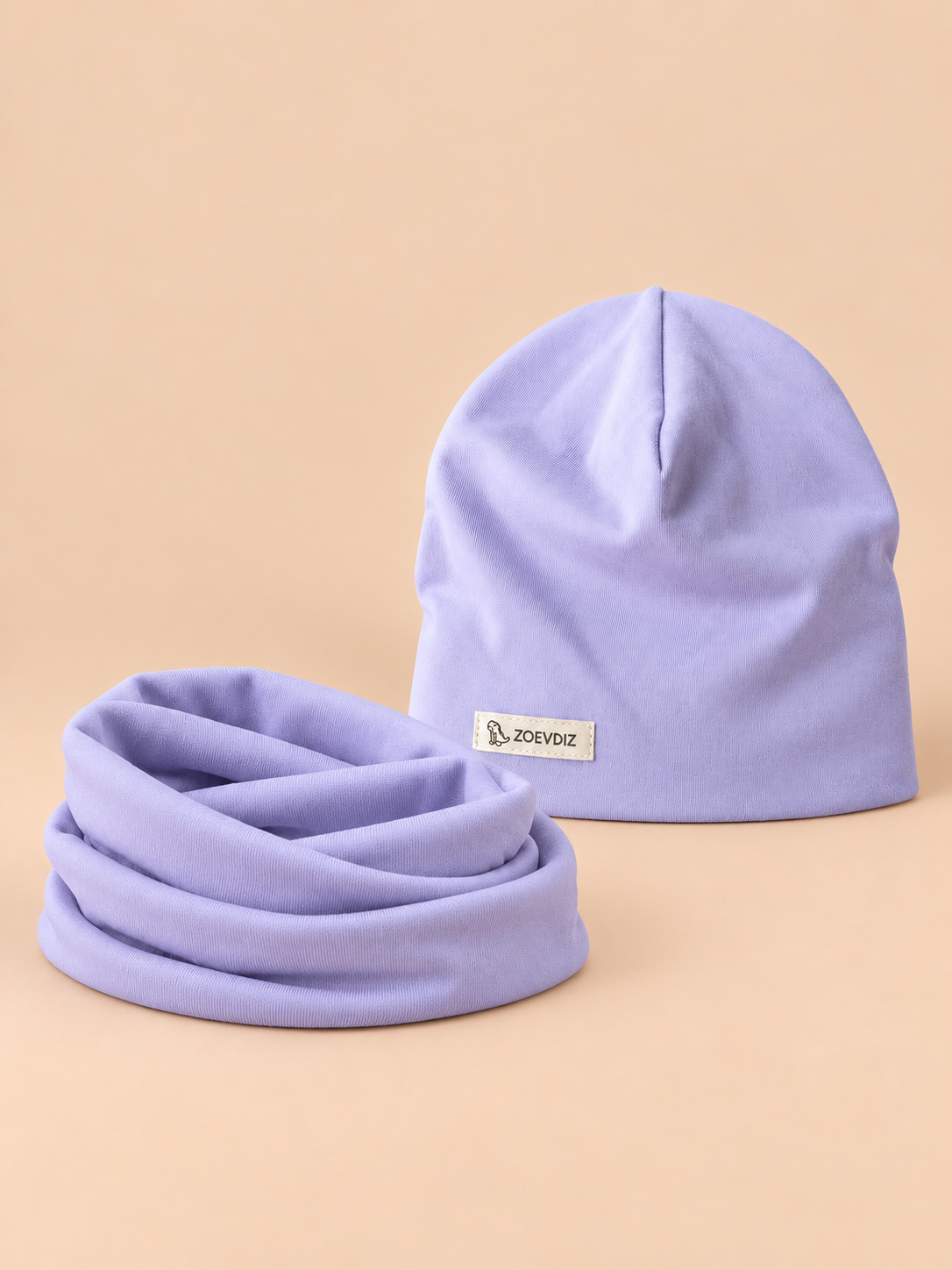 Ensemble bonnet et snood enfant Violet, vue de face.