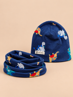 Conjunto infantil de gorro y bufanda con dinosaurios, variante dinosaurio azul marino, vista frontal