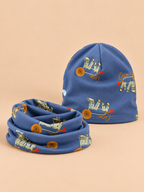 Conjunto infantil de gorro y bufanda con leones, variante león azul lago, vista frontal