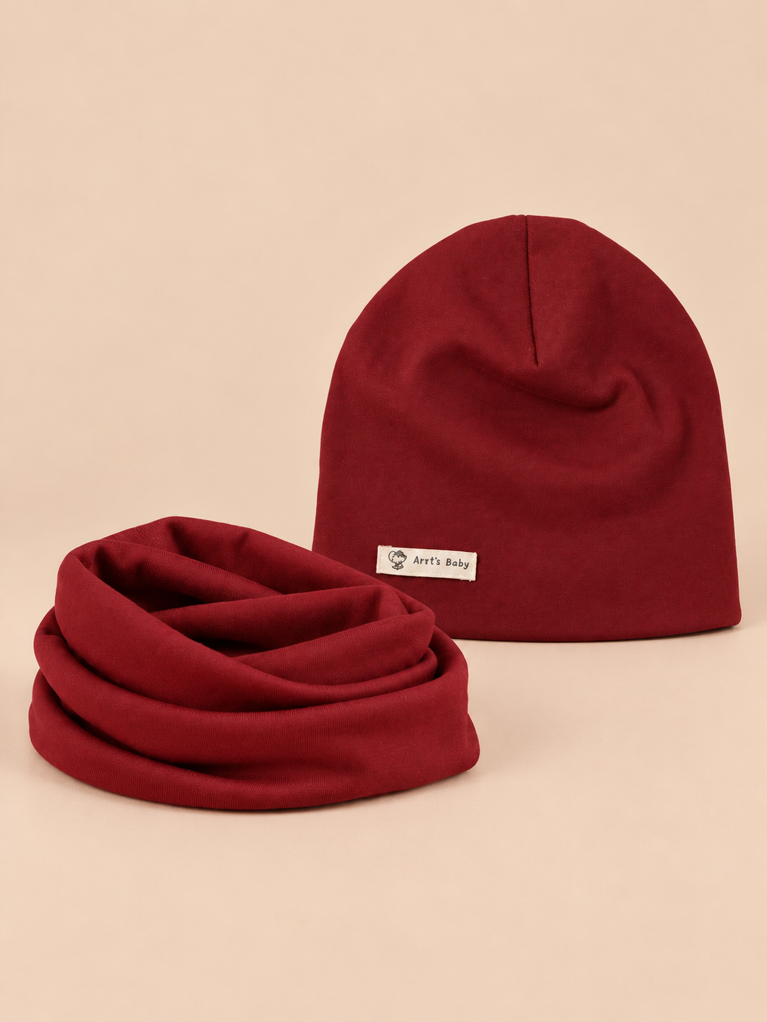 Ensemble bonnet et snood enfant Bordeaux, vue de face.