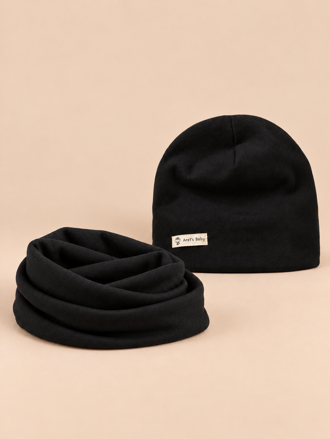 Ensemble bonnet et snood enfant Noir 1, vue de face.