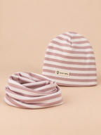 Ensemble bonnet et snood enfant Rayures rose et blanc, vue de face.