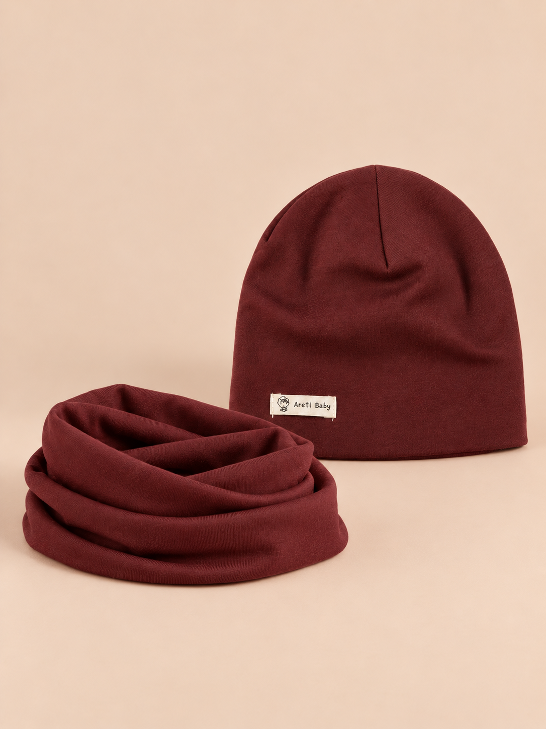 Ensemble bonnet et snood enfant Café, vue de face.
