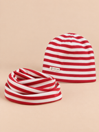 Ensemble bonnet et snood enfant Rayures rouge et blanc, vue de face.