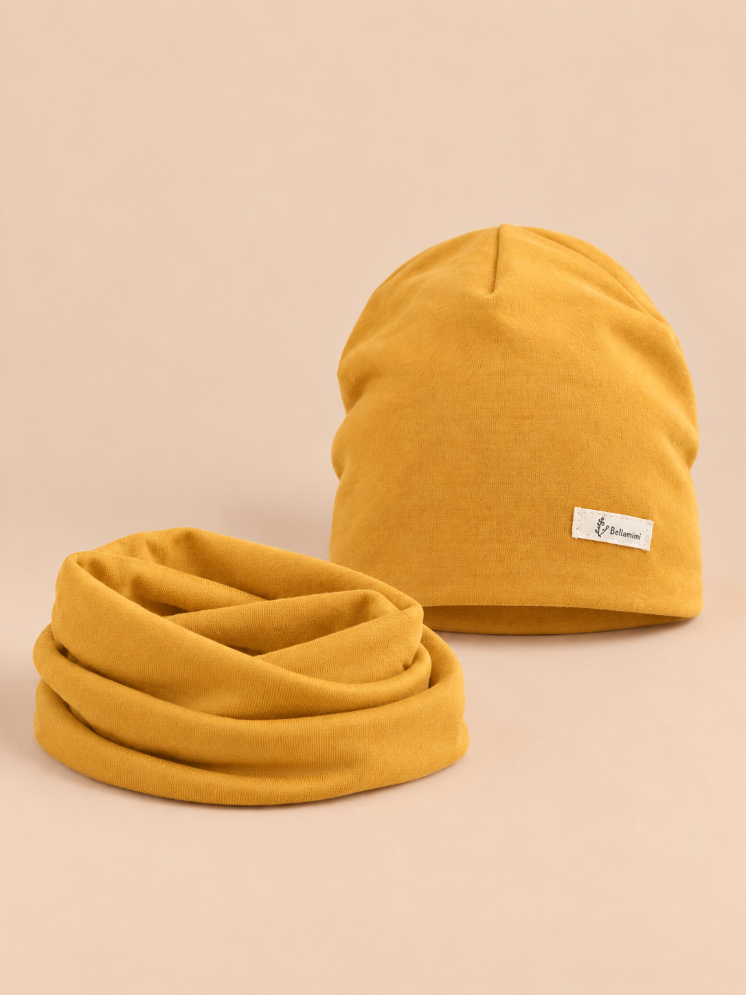Ensemble bonnet et snood enfant Jaune A, vue de face.
