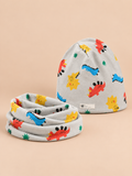 Conjunto infantil de gorro y bufanda con dinosaurios, variante dinosaurio verde almendra, vista frontal