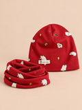 Bonnet et écharpe enfant motif ours, coloris rouge, vue de face.