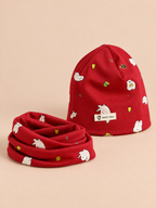 Bonnet et écharpe enfant motif ours, coloris rouge, vue de trois quarts.