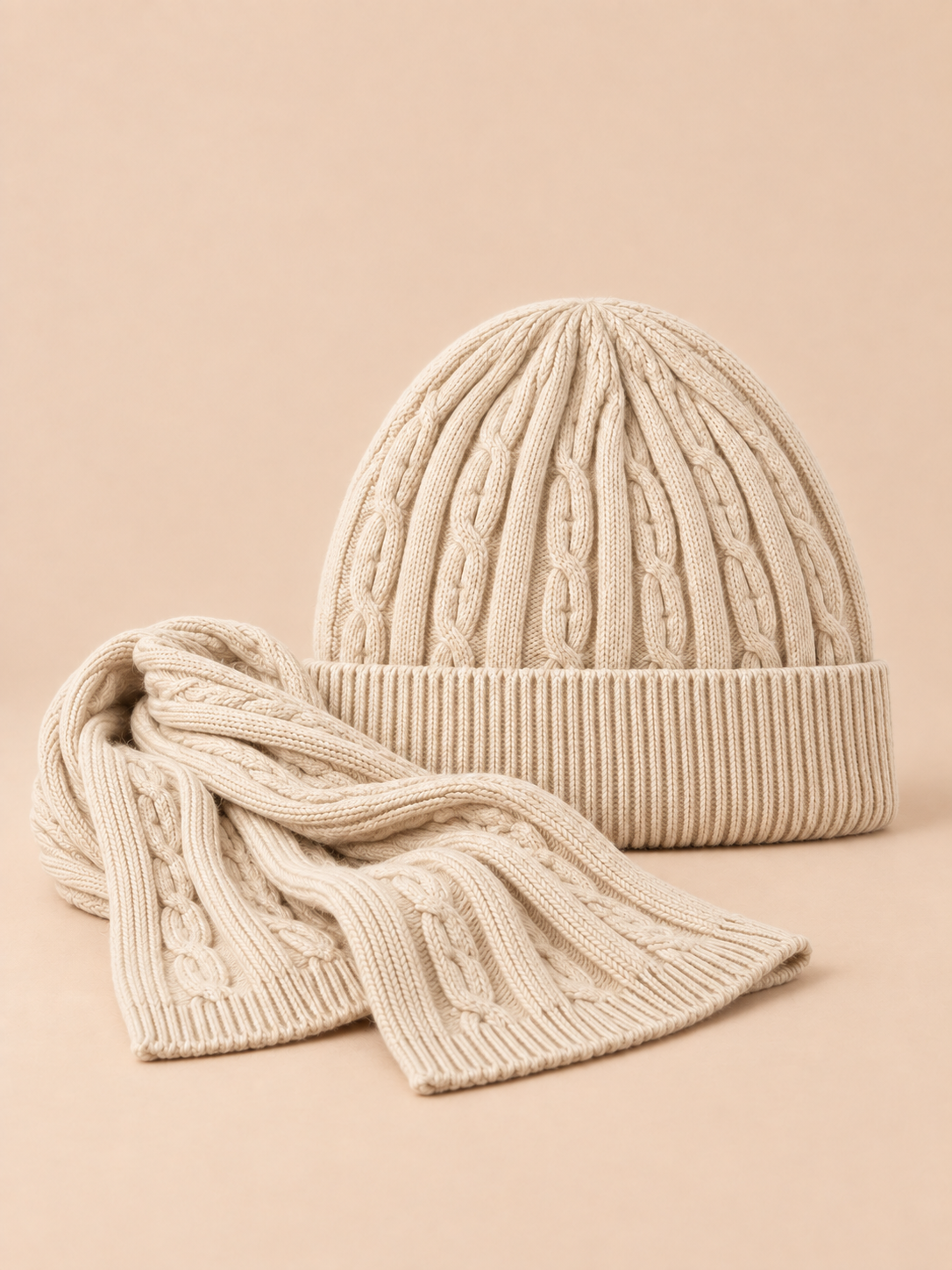 Ensemble bonnet et écharpe beige, maille jacquard, vue de face sur fond pêche sable.